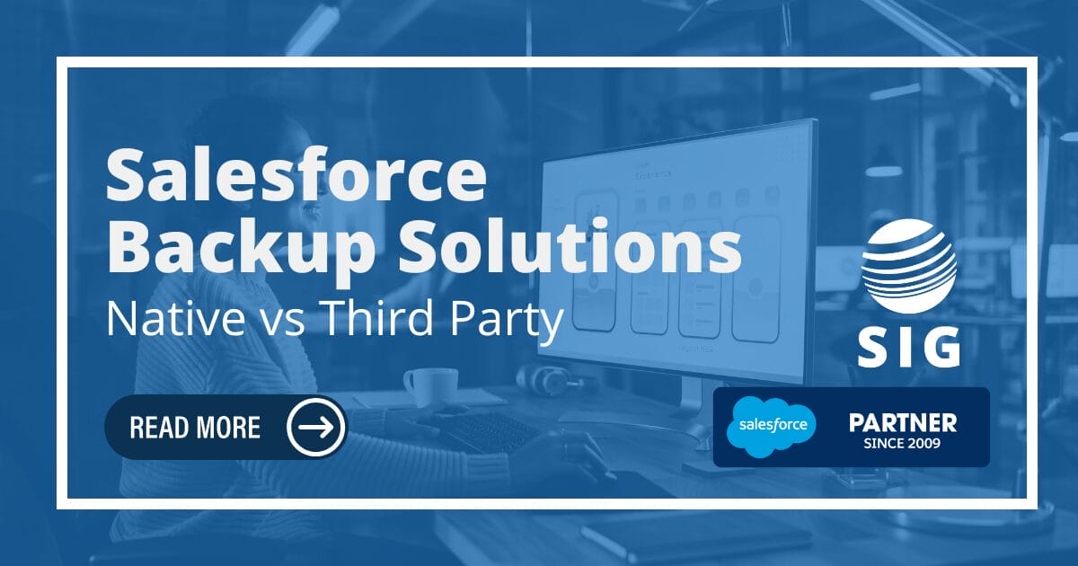 "Split-screen comparison of Salesforce backup solutions: one side showing native tools like Data Export Service and Salesforce Data Loader, and the other side highlighting third-party tools with features such as automation, integration, and data restoration, accompanied by icons representing data security and cloud storage."